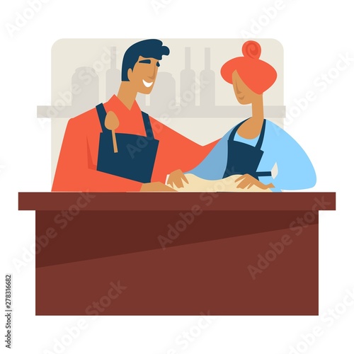 Cooking classes man and woman kneading dough working in pair