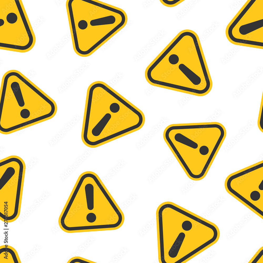 Exclamation mark icon seamless pattern background. Danger alarm vector illustration on white isolated background. Caution risk business concept. Exclamation mark icon seamless pattern background. Danger alarm vector illustration on white isolated background. Caution risk business concept.