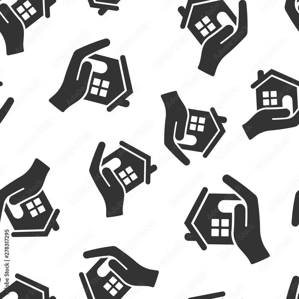 Home care icon seamless pattern background. Hand hold house vector illustration on white isolated background. Building quality business concept. Home care icon seamless pattern background. Hand hold house vector illustration on white isolated background. Building quality business concept.