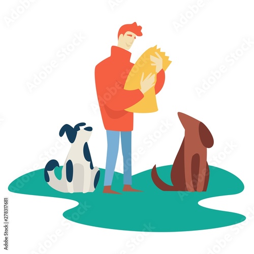 Man feeding homeless pets volunteer charity and help