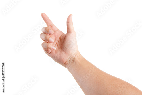 Male asian hand gestures isolated over the white background. TOUCHING POSE. FIRST PERSON VIEW.