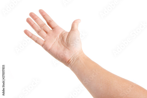 Male asian hand gestures isolated over the white background. TOUCHING POSE. FIRST PERSON VIEW.