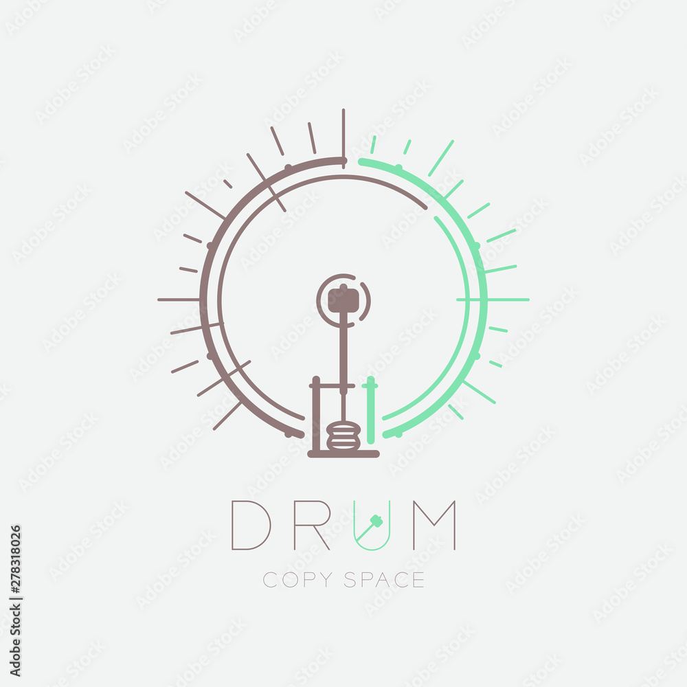 Bass drum, pedal with line staff circle shape logo icon outline stroke set dash line design illustration isolated on grey background with drum text and copy space Bass drum, pedal with line staff circle shape logo icon outline stroke set dash line design illustration isolated on grey background with drum text and copy space