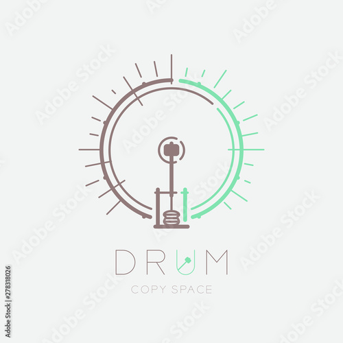 Bass drum, pedal with line staff circle shape logo icon outline stroke set dash line design illustration isolated on grey background with drum text and copy space