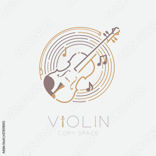 Violin, bow, music note with line staff circle shape logo icon outline stroke set dash line design illustration isolated on grey background with violin text and copy space