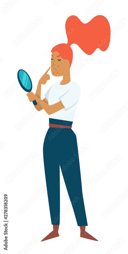Teen problem acne puberty skin girl with mirror isolated female character Teen problem acne puberty skin girl with mirror isolated female character