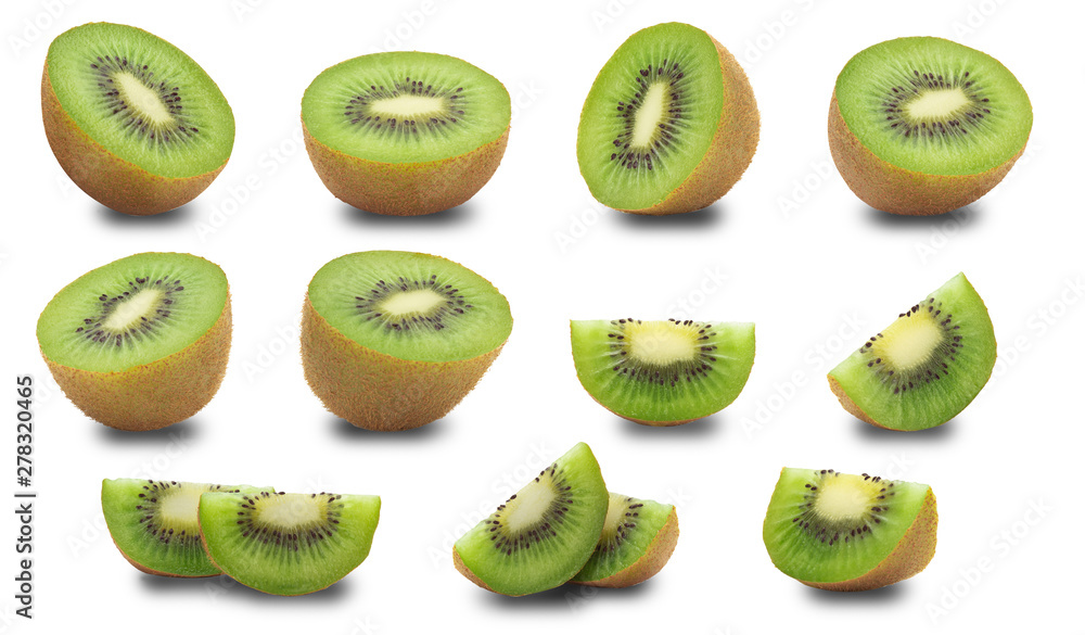 Fototapeta premium Set of half kiwi fruit and slice isolated on white background with clipping path