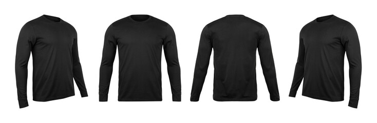 Blank black long sleve t-shirt mockup template, front and back and side view, isolated on white background with clipping path.