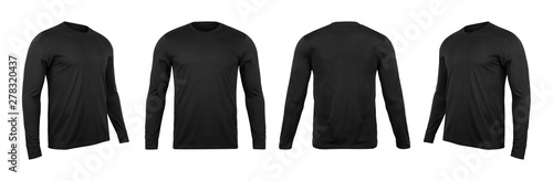 Blank black long sleve t-shirt mock up template, front and back and side view, isolated on white background with clipping path.