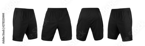 Blank black shorts pant mock up template, front and back and side view, isolated on white background with clipping path. photo
