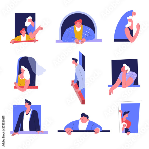 People in windows or leaning on windowsill apartment building isolated icons