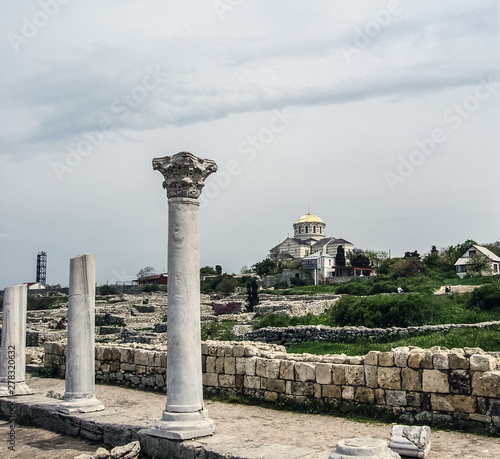 Ruins of Hersones, ancient greece settlement on Crimea. Chersonesus ruins, archaeological park, Sevastopol, Crimea photo