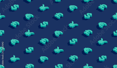 Currency sign dollar, pound sterling, euro, and japanese yen or chinese yuan sign 3d isometric seamless pattern, Business finance concept poster and banner design illustration on blue background