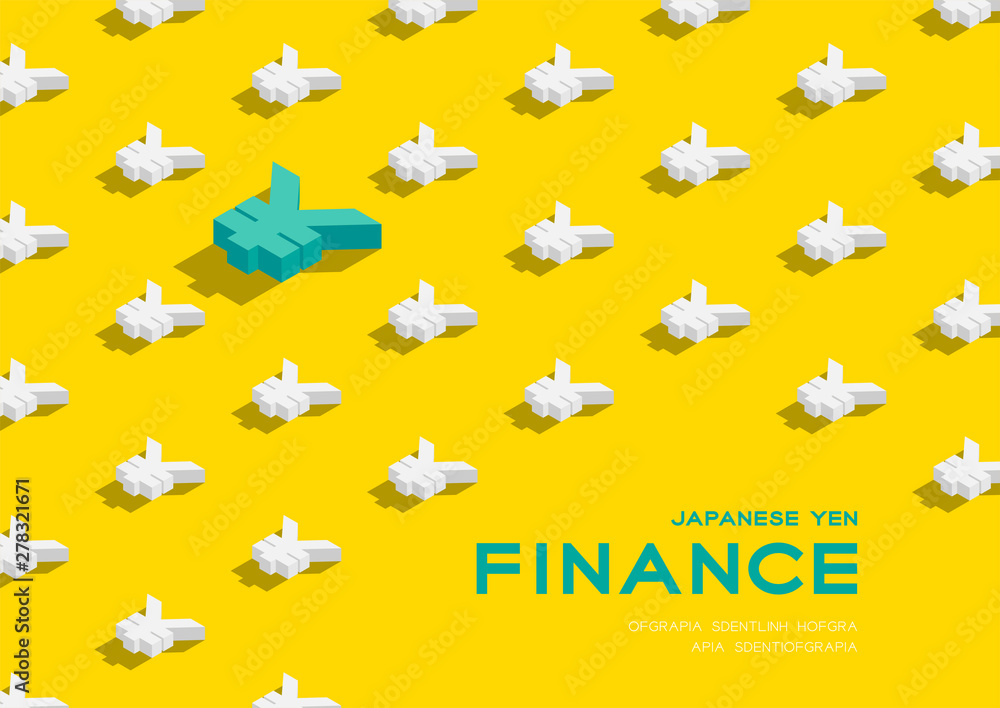 Currency japanese yen (JPY) sign 3d isometric pattern, Business finance concept poster and banner horizontal design illustration isolated on yellow background with copy space, vector eps 10