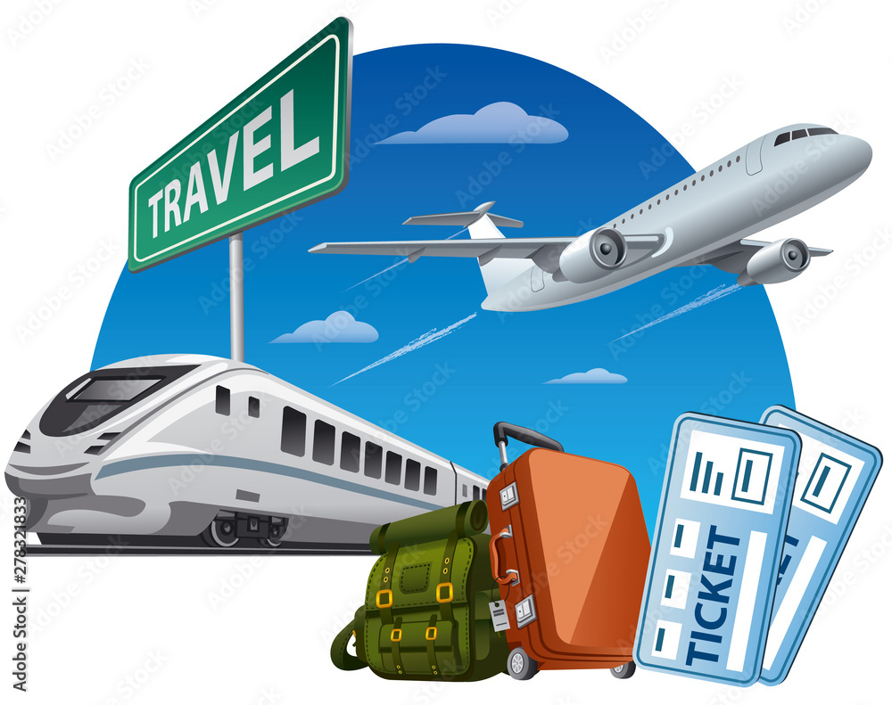 concept illustration of travel around the world, transport and passport with tickets