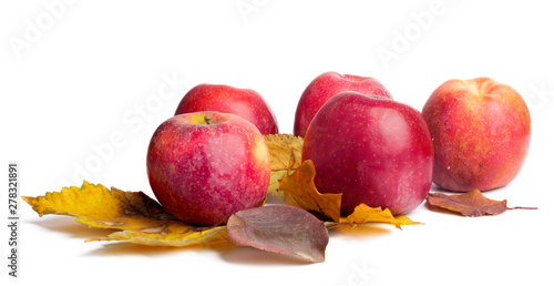 Several ripe juicy red apples with autumn leaves on  isolated background