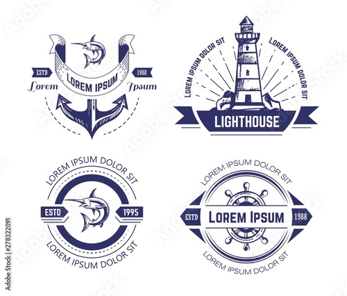 Nautical or marine symbols and fish isolated monochrome icons