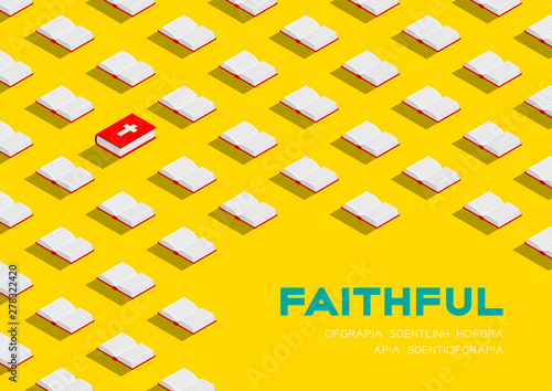 Holy Bible book 3D isometric pattern, Christian faithful concept poster and banner horizontal design illustration isolated on yellow background with copy space, vector eps 10