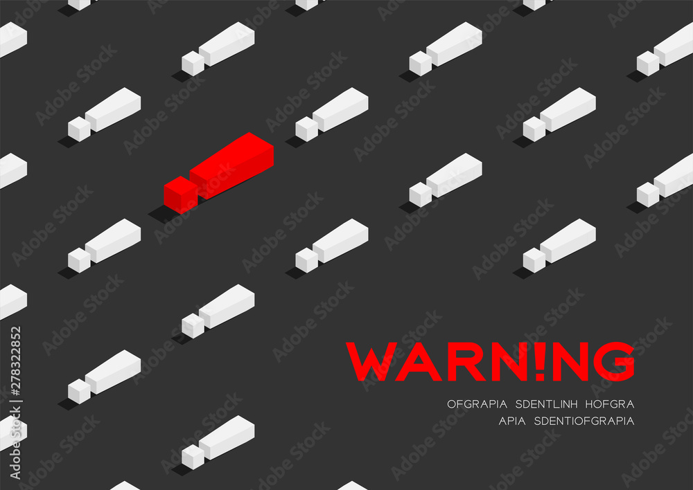Exclamation mark symbol 3D isometric pattern, Warning concept poster and banner horizontal design illustration isolated on dark grey background with copy space, vector eps 10 Exclamation mark symbol 3D isometric pattern, Warning concept poster and banner horizontal design illustration isolated on dark grey background with copy space, vector eps 10