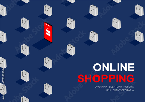 Online shopping in smartphone with shopping bag 3D isometric pattern, Sale promotion concept poster and banner horizontal design illustration isolated on blue background with copy space, vector eps 10