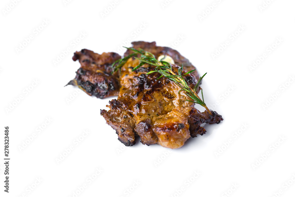 grilled beef steak and rosemary isolated on white background grilled beef steak and rosemary isolated on white background