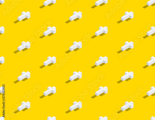 Graveyard with cross 3D isometric seamless pattern, Christian faithful rest in peace (rip) concept poster and banner vertical design illustration isolated on yellow background with space, vector eps