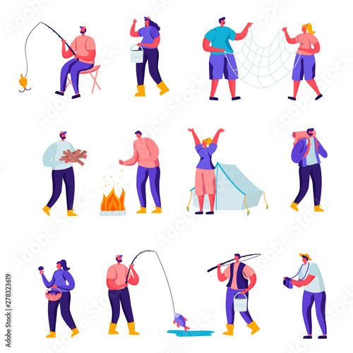 Set of Flat Outdoor Activities Characters. Cartoon People Having Active Leisure on Nature, Chopping Woods, Fishing, Collecting Mushrooms in Forest, Photographing. Vector Illustration.