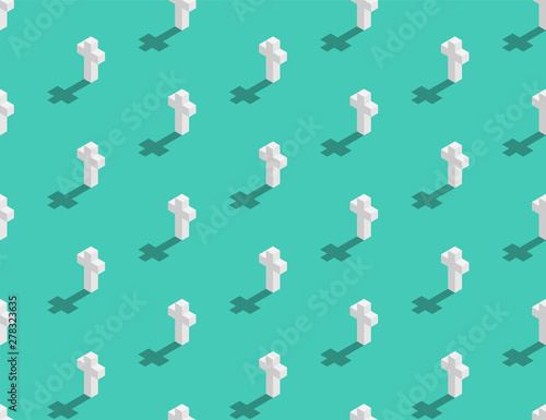 Graveyard with cross 3D isometric seamless pattern, Christian faithful rest in peace (rip) concept poster and banner vertical design illustration isolated on green background with space, vector eps 10