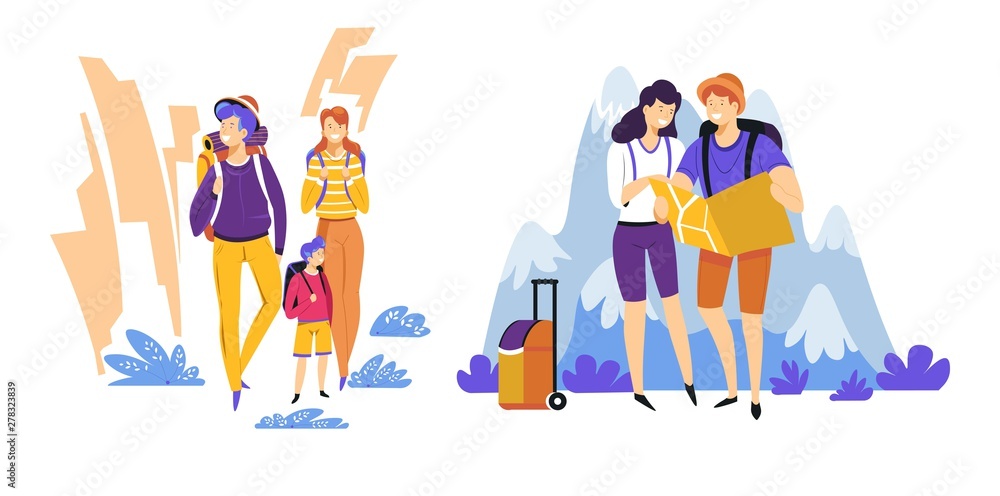 Tourism travelers couple and family traveling journey or trip