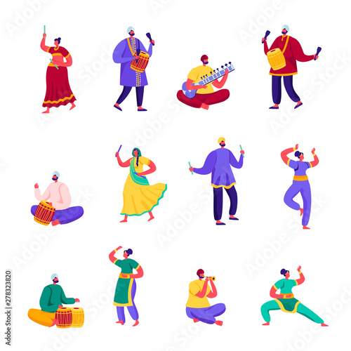 Set of Flat Indian Street Artists Characters. Cartoon People Musicians and Dancers in Colorful Dress Performing on Street Playing Traditional Instruments. Vector Illustration.