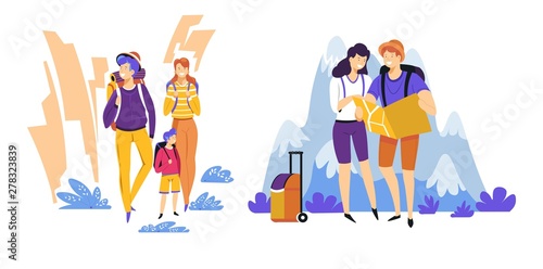 Tourism travelers couple and family traveling journey or trip