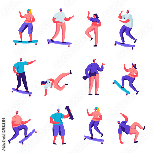 Set of Flat Girls and Boys Skateboarding Characters. Cartoon People Teenagers Male and Female Riding Skate Board, Dancing, Jumping, Youth Urban Culture. Vector Illustration.