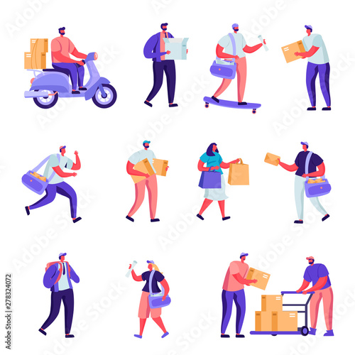 Set of Flat Postal Delivery Service Characters. Cartoon People Deliver Parcels, Postcards, Mail Around the World By Land and Air Transport. Vector Illustration.