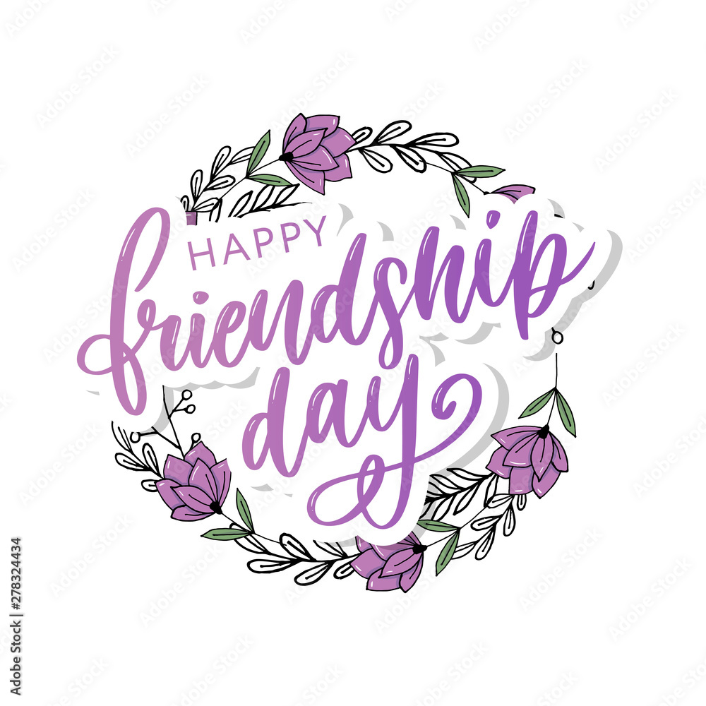 Obraz premium Vector illustration of hand drawn happy friendship day felicitation in fashion style with lettering text sign and color triangle for grunge effect isolated on white background