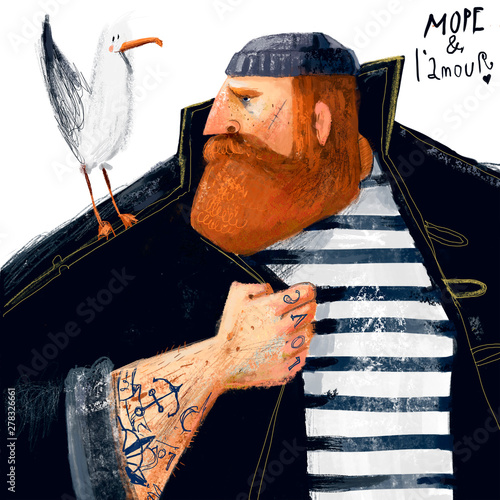 Fototapeta Naklejka Na Ścianę i Meble -  portrait of cartoon sailor with seagull and tattoo