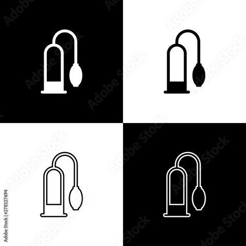 Set Penis pump icon isolated on black and white background. Penis enlarger. Sex toy for men. Vacuum pump with a blower to increase the penis. Vector Illustration