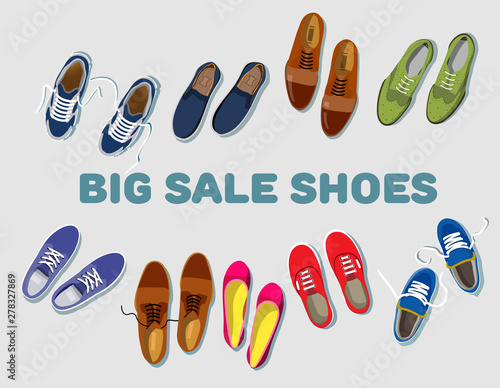 Big sale shoes. Sneaker sport. Shoe athletic. Fashion footwear. Concept set of vector red, blue, green, lilac, brown women's and men's footgear top view in flat style isolated on light gray background