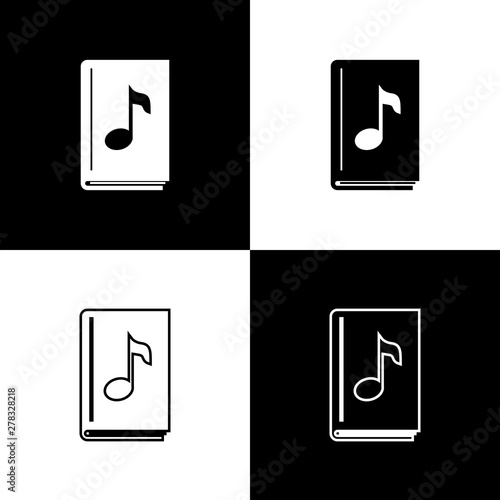 Set Audio book icon isolated on black and white background. Musical note with book. Audio guide sign. Online learning concept. Vector Illustration