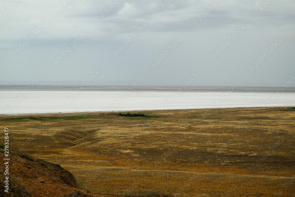 Saline,salt lake Baskunchak. Astrakhan region. Russian landscape.