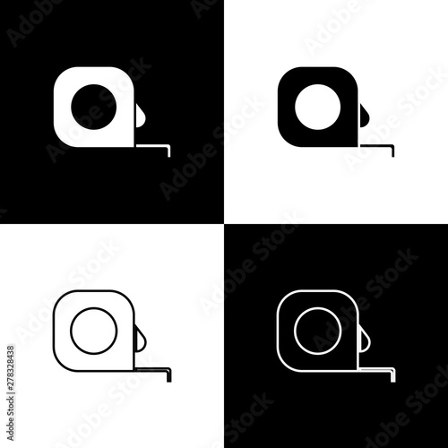 Set Roulette construction icon isolated on black and white background. Tape measure symbol. Vector Illustration