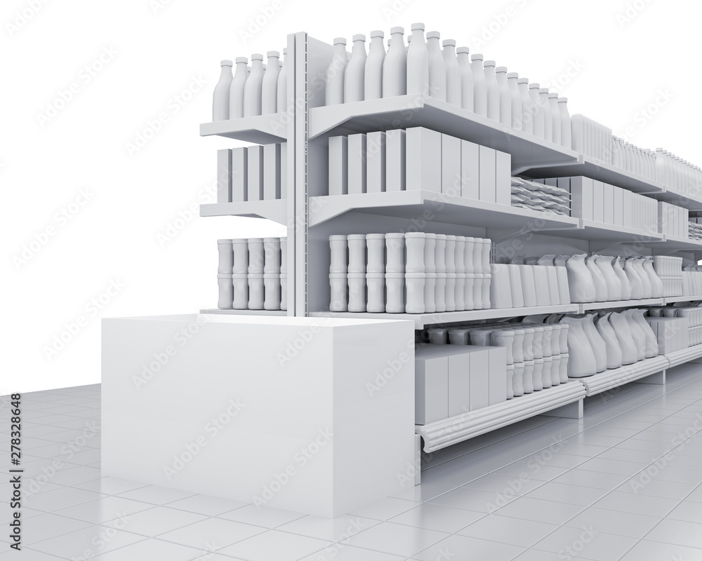 Shelves in the supermarket. Set of shelves with many goods in perspective. 3D rendering Shelves in the supermarket. Set of shelves with many goods in perspective. 3D rendering