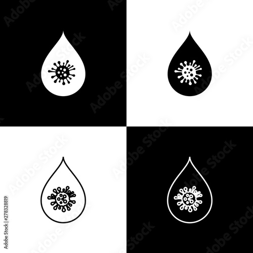 Set Dirty water drop icon isolated on black and white background. Bacteria and germs, microorganism disease, cell cancer, microbe, virus, fungi. Vector Illustration