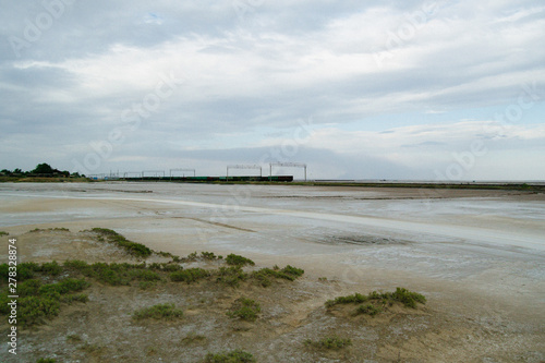 Saline salt lake Baskunchak. Astrakhan region. Russian landscape.