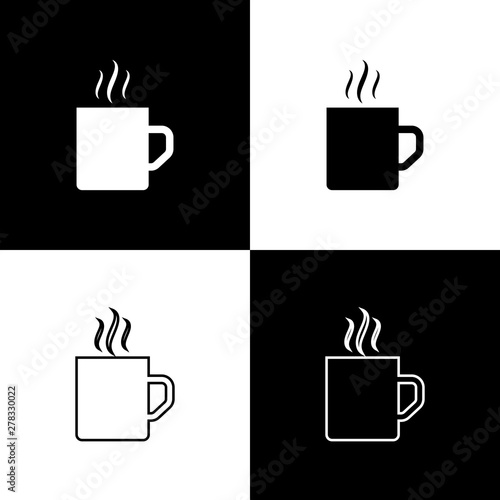 Set Coffee cup flat icon isolated on black and white background. Tea cup. Hot drink coffee. Vector Illustration