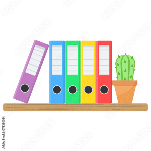 Many color document folders and cactus flower in pot on wooden shelf for design on white, stock vector illustration