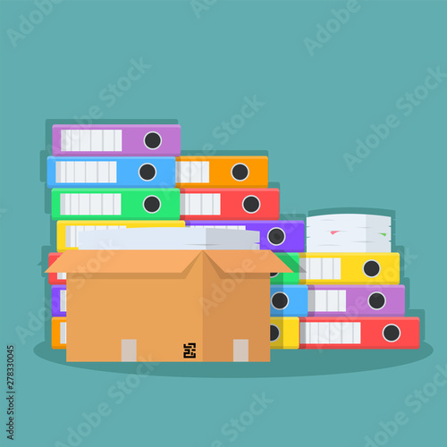 Stack of many color document folders, paper and cardboard box for design, stock vector illustration