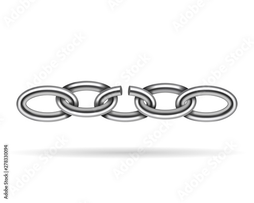 Realistic metal broken chain texture. Silver color demage chains link isolated on white background. Three dimensional design element.