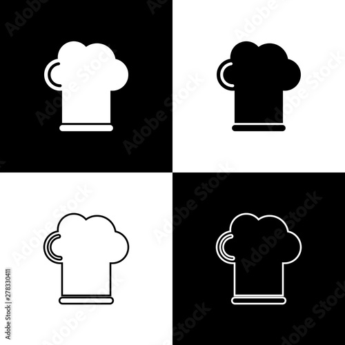 Set Chef hat icon isolated on black and white background. Cooking symbol. Cooks hat. Vector Illustration