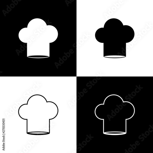 Set Chef hat icon isolated on black and white background. Cooking symbol. Cooks hat. Vector Illustration