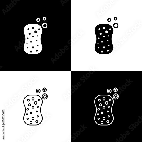 Set Sponge with bubbles icon isolated on black and white background. Wisp of bast for washing dishes. Cleaning service logo. Vector Illustration